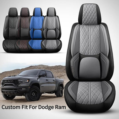 Car Seat Cover Custom Fit for Dodge Ram 1500 2500 3500 2002-2026 Faux Leather Seat Cover Set Compatible with Crew Quad Regular Cab Pickup Truck Cushions (Black & Grey, Full Set, Curved Rear) - Image 2