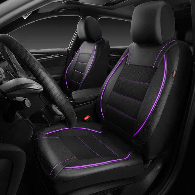CAR PASS Universal FIT Piping Leather Two Front Seat Covers, Waterproof Faux Leather for SUV Sedan Van Truck, Airbag Compatible,Reserved Opening Holes for Headrest Covers(Black and Purple) - Image 4