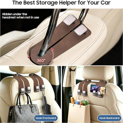 Amooca Car Headrest Hooks 2-Pack Suede Seat Organizer with Metal Core | Universal Fit, Double-hook Design, Backseat Storage for Backpack Umbrella Water Bottle Coat Purses Handbags Groceries, Brown - Image 4