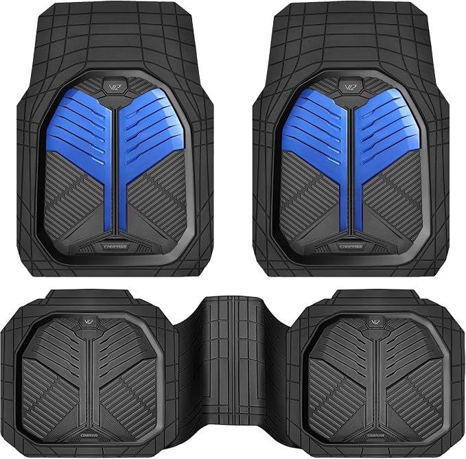 CAR PASS Heavy Duty Rubber Car Mats, Deep-Dish Car Floor Mats All Weather, Universal Two-Tone Trim-to-Fit for SUVs Trucks Sedans, Waterproof Anti-Slip, 3 Pieces V12 Black and Metallic Blue by CARPASS