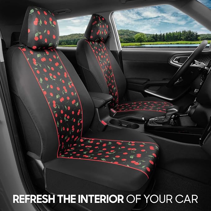 BDK Red Cherry Car Seat Covers for Front Seats, 2 Pack – Classic Pattern with Matching Headrest, Sideless Design for Easy Installation, Fits Most Car Truck Van and SUV - Image 2
