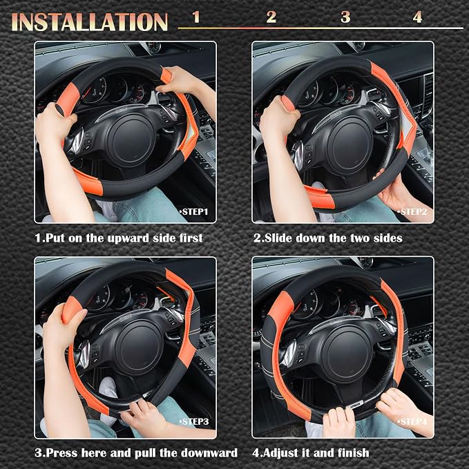 CAR PASS Line Rider Microfiber Leather Sporty Steering Wheel Cover Universal Fits for 95% Truck,SUV,Cars,14.5-15inch Anti-Slip Safety Comfortable Desgin (Black-Orange) - Image 4