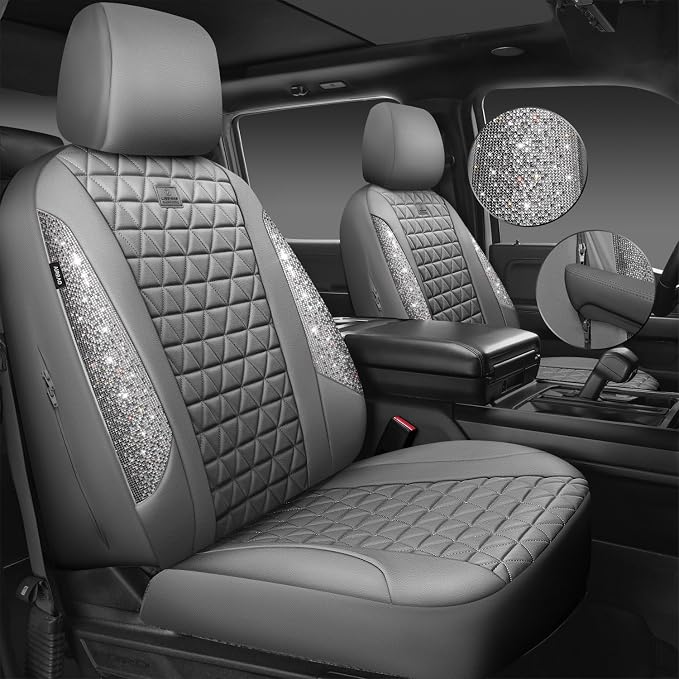 CAR PASS Bling Diamond Gray Leather Car Seat Covers Full Sets Interior Sets, Waterproof Shining Glitter Sparkly Crystal Universal Armrest Fit for Automotive Truck SUV Cute Women Girl, Gray Rhinestone - Image 8