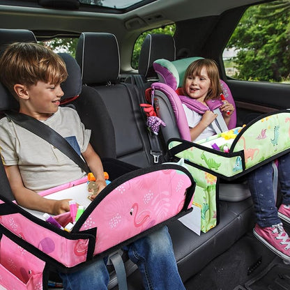 2PCS Kids Travel Tray, Car Seat Tray for kids Travel, Toddler Road Trip Essentials With Drawing Kit, Toddler Lap Desk Organizer for Car, Carseat Table for Airplane - Image 2