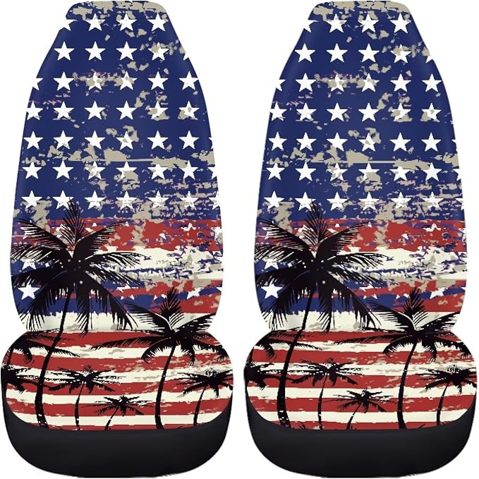 Palm Trees Front Car Seat Cover US Flag Auto Interior Accessories 2 Pcs Set Stretch Polyester Fabric Cover Patriotic All-Season Protection Suitable for Most Cars,SUV,Sedan - Image 2