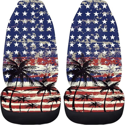 Palm Trees Front Car Seat Cover US Flag Auto Interior Accessories 2 Pcs Set Stretch Polyester Fabric Cover Patriotic All-Season Protection Suitable for Most Cars,SUV,Sedan - Image 2