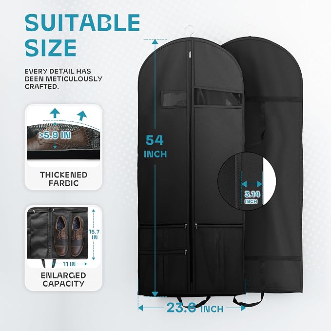Lazebox 54" Travel Garment Bag with Accessories Zipper Pocket, Heavy Duty Suit Bag for Suits, Tuxedos, Dresses, Coats, Black, 1 pack - Image 3