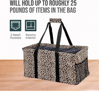 Extra Large Utility Tote Bag - Oversized Collapsible Reusable Wire Frame Rectangular Canvas Basket With Two Exterior Pockets For Beach, Pool, Laundry, Car Trunk, Storage - Leopard - Image 5