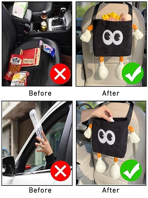 Car Cute 2 in 1 Trash Can with Tissue Holder Box Seat Back Bag Hanging Over the Seat Organizer Plush Cartoon Animal Storage Garbage,Black - Image 5