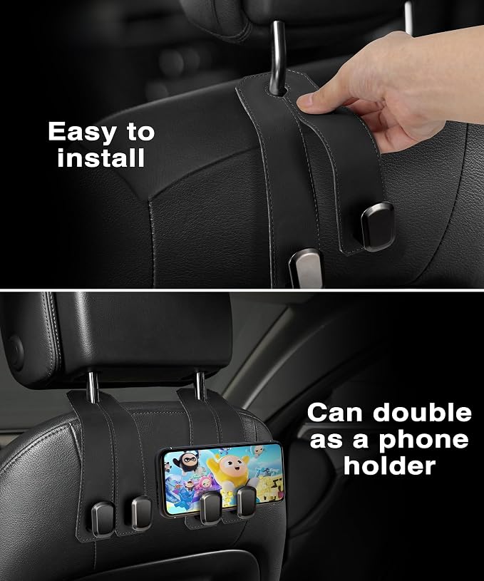 Car Hooks for Headrest, 2Pcs Seat Back Storage Hook Luxurious Leather 100% Metal Multifunctional Car Hanger & Holder for Heatrest, Seat, Bag, Purse (Black) - Image 5