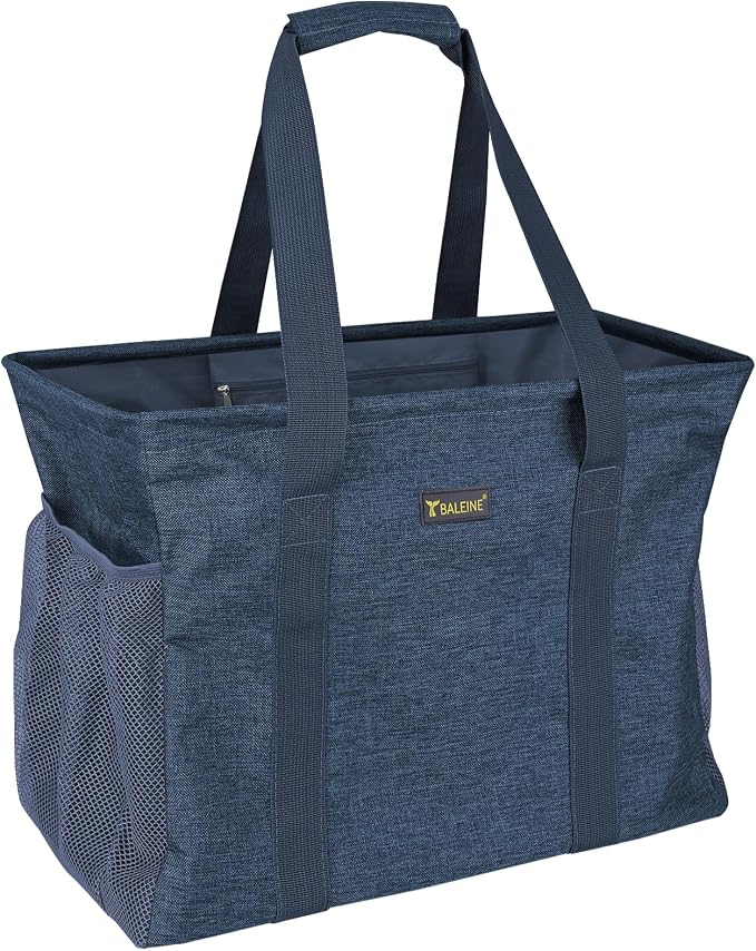 BALEINE Extra Large Utility Tote Bag with Reinforced Wire Frame, Reusable Grocery Bag for Shopping, Picnic (Blue, 16.5''x14''x10'') by BALEINE