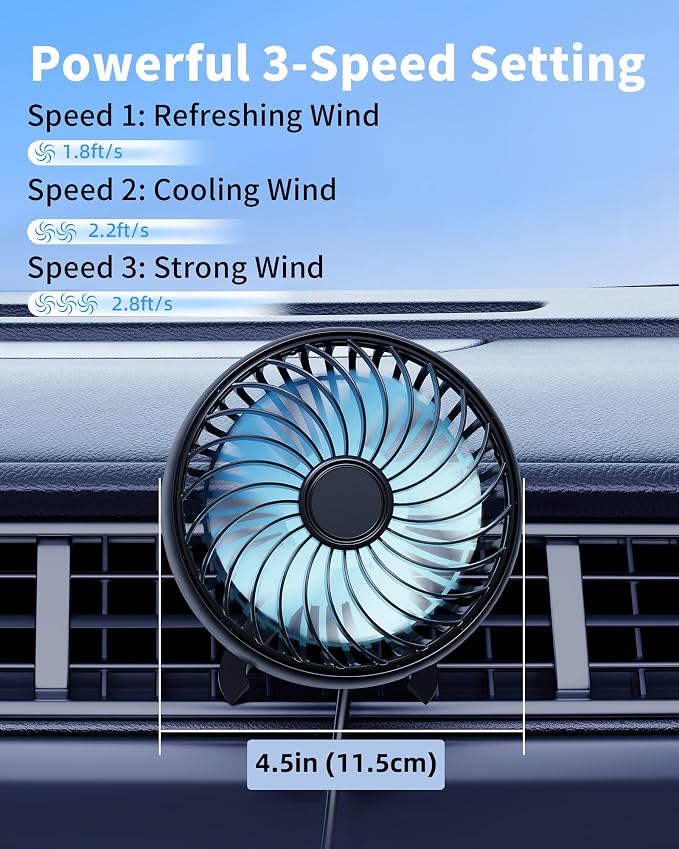 Car AC Fan to Boost Cooling Air Circulation - More Stable Vent Clip | 4in Larger Clip On Car Fan, Colorful Lighting, USB Fan for Car SUV Van RV Pickup Truck, Strong 3 Speeds, 360 Rotating, Quiet - Image 4