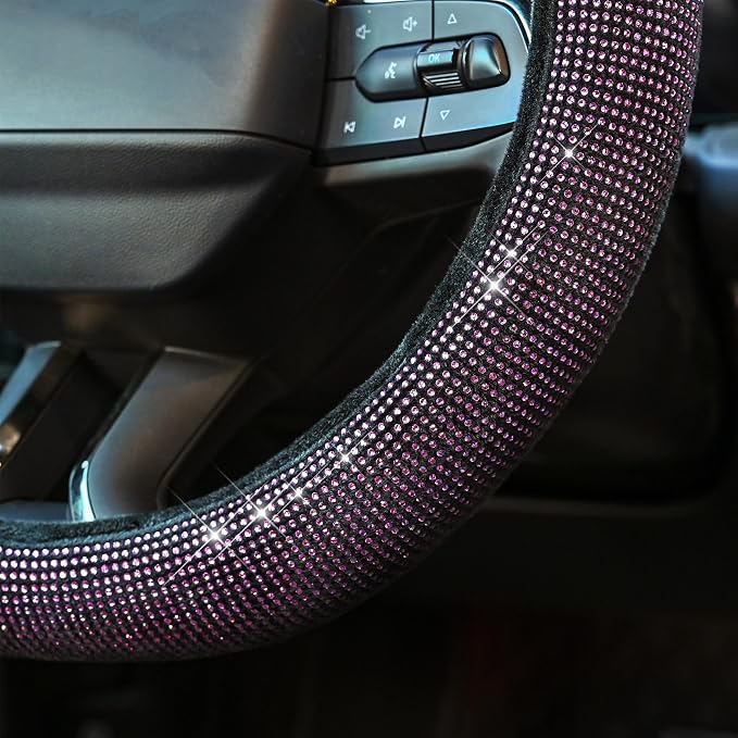 Steering Wheel Cover for Women Bling Bling Crystal Diamond Sparkling Car SUV Wheel Protector Universal Fit 15 Inch Black with Pink Diamond - Image 4