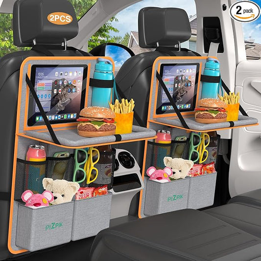 Car Backseat Organizer with Tablet Holder,11 Storage Pockets with Foldable Food Tray, Protector Kick Mats for Kids, Travel Accessories Organizer (Orange, 2Pack) by Plzpik