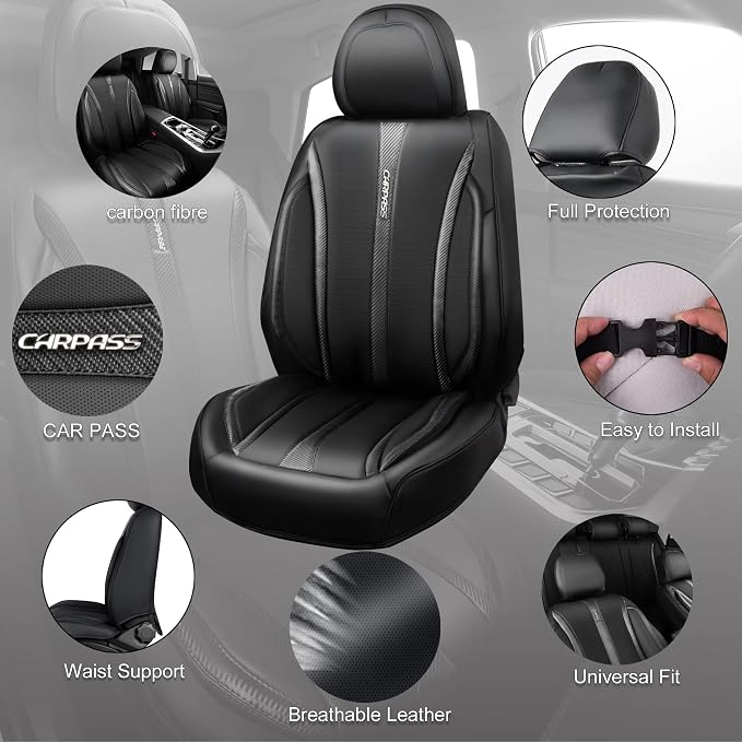CAR PASS Nappa Leather Car Seat Covers Full Set & Carbon Fiber, Waterproof and Durable All Weather Protector, Universal Fit for SUV Pick-up Truck Sedan Automotive Vehicle Interior (5 Seats, Black) - Image 8