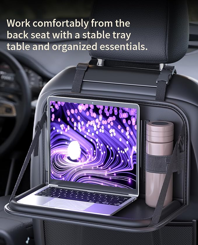 Backseat Car Organizer with Foldable Tray & Tablet Holder | Easy to install, durable & easy to clean, space-saving, ideal for rear passengers and kids, for road trip dining and working - Image 3