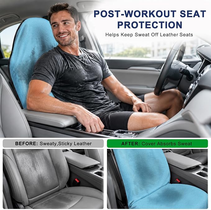 Car Seat Towel Cover 2 Pack for Front Seats, Sweat Absorbent Car Seat Protector with Non-Slip Backing, Waterproof Towel Car Seat Covers for Runners, Gym, Swimming, Beach, Pets, Sky Blue - Image 4