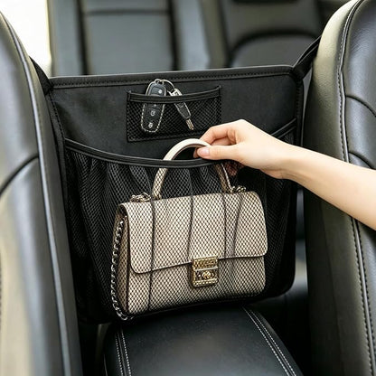 Car Purse Holder Between Seats, Upgraded PU Leather & Mesh Car Organizer Front Seat with Cup Holders, Tissue Holder, Pet & Child Barrier Net for SUV Truck Large Sedan by Unknown