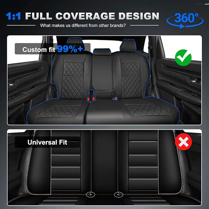 Custom Fit Seat Covers for Honda CRV 2017-2022 Front&Rear Full Set | Faux Leather,Full Coverage,5-Piece Set, Includes Neck Pillows, Armrest Cover, Seat Belt & steering Wheel Cover Black - Image 7