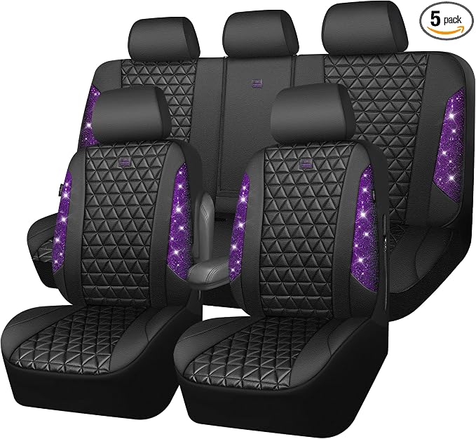 CAR PASS Bling Diamond Leather Car Seat Covers Full Seats Interior Sets, Waterproof Shining Glitter Sparkly Crystal Universal Armrest Fit Automotive Truck SUV Cute Women Girl, Black Purple Rhinestone by CARPASS