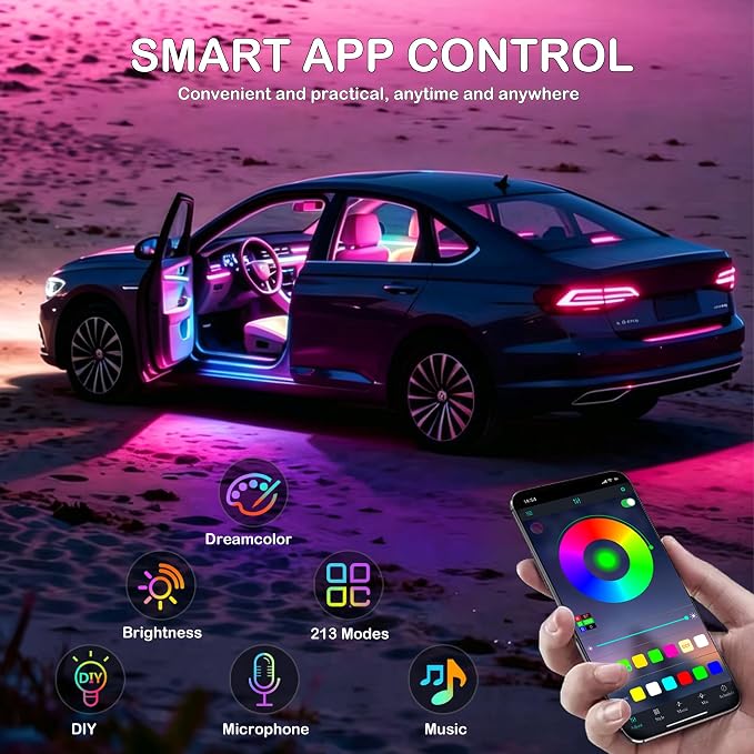 Interior Car LED Strip Lights with Wireless APP, Ambient Lighting Kits with Dynamic Dreamcolor Chasing, 16 Million Colors Acrylic LED Lights for Car, Sound Active Function Car Neon Lights (10 in 1) - Image 4