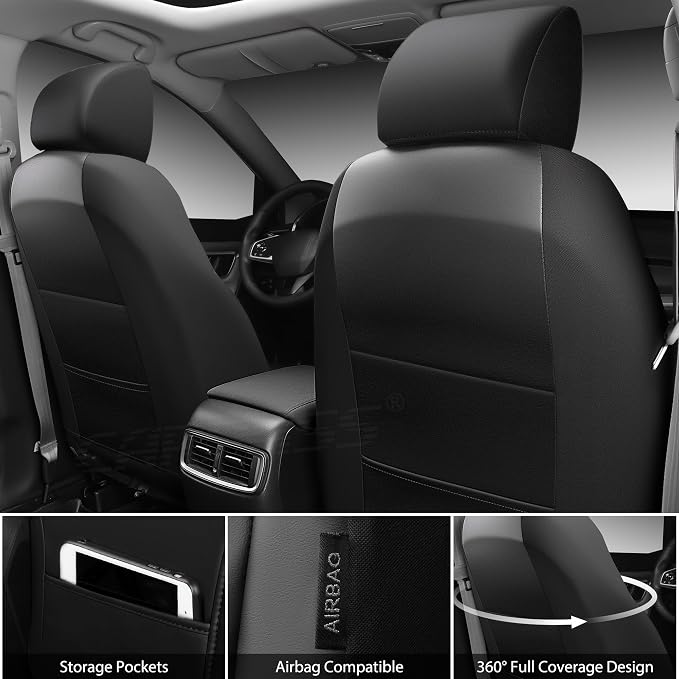 CAR PASS Nappa Leather Rav4 Front Seat Covers Custom Fit for Toyota Rav4 2019-2024, Camry 2018-2024, Corolla 2020-2025, Luxury Premium Anti-Slip Waterproof 2 Pack Seat Cover, Airbag Compatible Black - Image 2