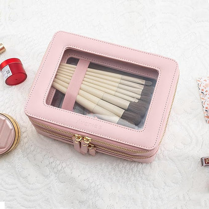 Aveniee XL Clear Makeup Organizer,Double Layer Travel Cosmetic Case with Brush Holder & Zippered Compartments, Large Toiletry Bag Train Case for Women.2 Layers, Pink - Image 5