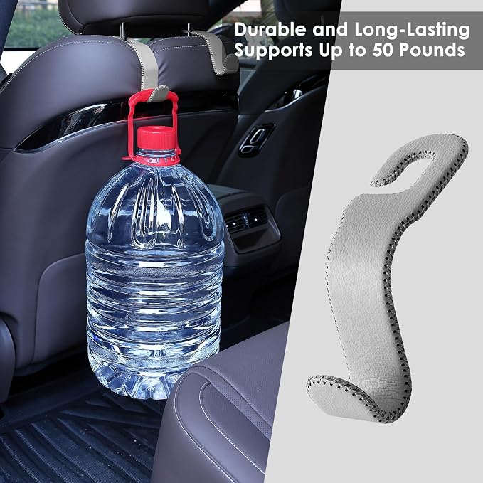 AMVOYOA Leather Car Seat Hooks - U-Shaped Purse Holder for Car, Fully Leather-Wrapped Headrest Hooks for Purses, Bags & Coats, Durable Seat Back Organizer for Travel & Daily Use (Gray, 2 Pack) - Image 7