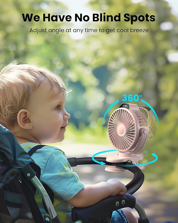 Koonie Portable Clip-On Fan, Small Rechargeable Battery Operated, 3 Speeds | Pink Mini Clamp Fan With LED Display, 360° Rotate Personal Cooling Desk Fan for Stroller Bed Travel Camping Golf Gym - Image 6