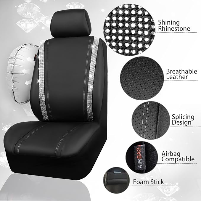 CAR PASS Leather Bling Diamond Car Seat Cover 2 Front Interior Sets, Waterproof Universal Shining Glitter Crystal Sparkle Fit for 95% Automotive Truck SUV Cute Women Girl, Black Silver Rhinestone - Image 3