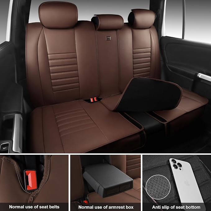 CAR PASS Nappa Leather Car Seat Covers Full Set, Luxury Seat Protector for Cars, Waterproof Anti-Slip Seat Cushion Armrest Compatible Airbag Universal for Sedan SUV Pick-up Truck Auto,Brown - Image 4