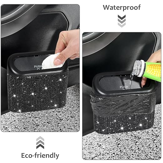Accmor 2 Pack Bling Car Trash Can with Lid, Small Garbage Can, Auto Garbage Storage Bin with 90pcs Garbage Bags, Sparkling Crystal Trash Bags Holder for Car, Home, Office Storage (Black Rhinestone) - Image 5