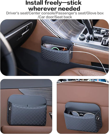 Self-Adhesive Car Seat Side Pocket Organizer with Cable Port - Black PU Leather Storage Pouch for Phone & Keys, Fits Gaps, Console & Door （Glossy Black） - Image 4