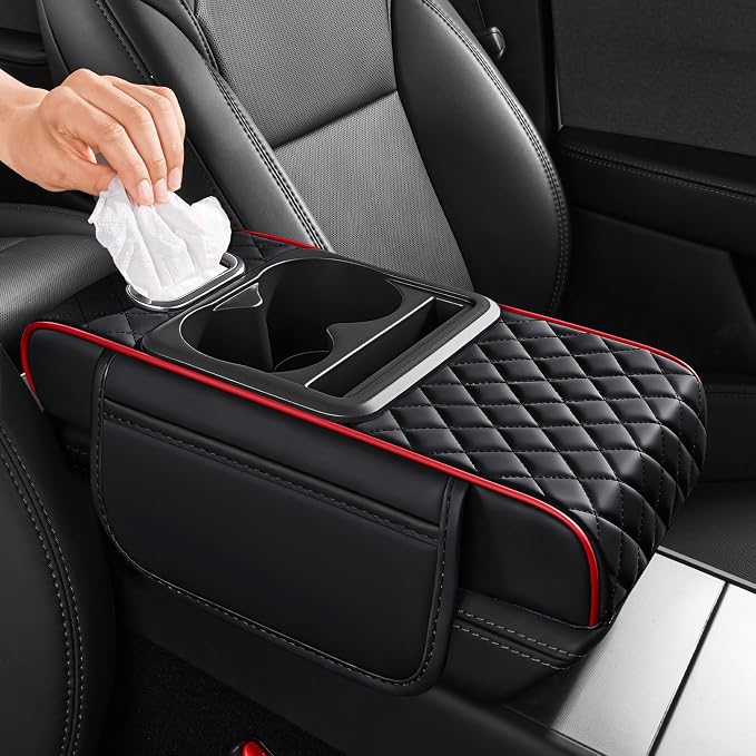 5 in 1 Nappa Leather Console Armrest Cover, Black Red Stitch | Built-in cup holder, tissue slot, phone holder & 2 storage pockets, practical car accessories fit SUV sedan truck by AuraSettle
