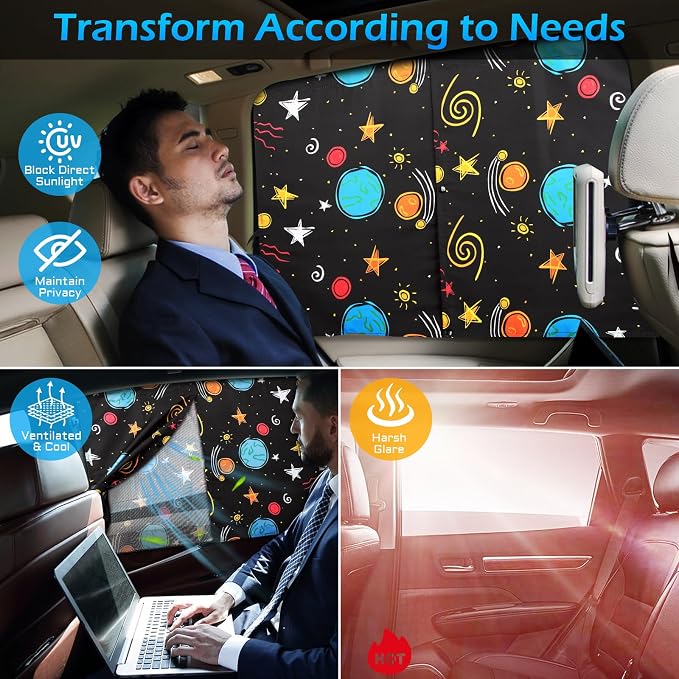 Car Window Shades, 2 Packs Magnetic car Sun Shade for Baby, Double Layers Magnetic Colourful Space Pattern for Full Covers/Half Shade Options, Window Curtains for Heat/UV Protection Sun Block Covers - Image 3