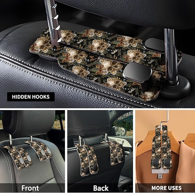 Car Seat Headrest Hook, Universal Leather Cute Hanger Holder Hook, Storage Organizer Interior Accessories for Purse Bags Handbag Cute Retro Flower Skulls - Image 3