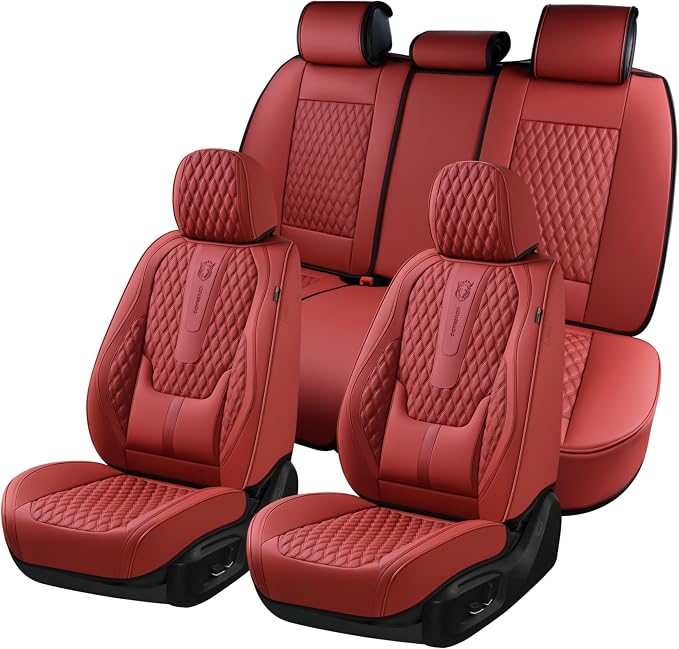 Coverado Car Seat Covers Full Set, Red Seat Covers for Car with Lumbar Support, Nappa Leather Seat Covers Waterproof Car Seat Protectors Universal Fit for Most Cars SUV Trucks by COVERADOAUTO