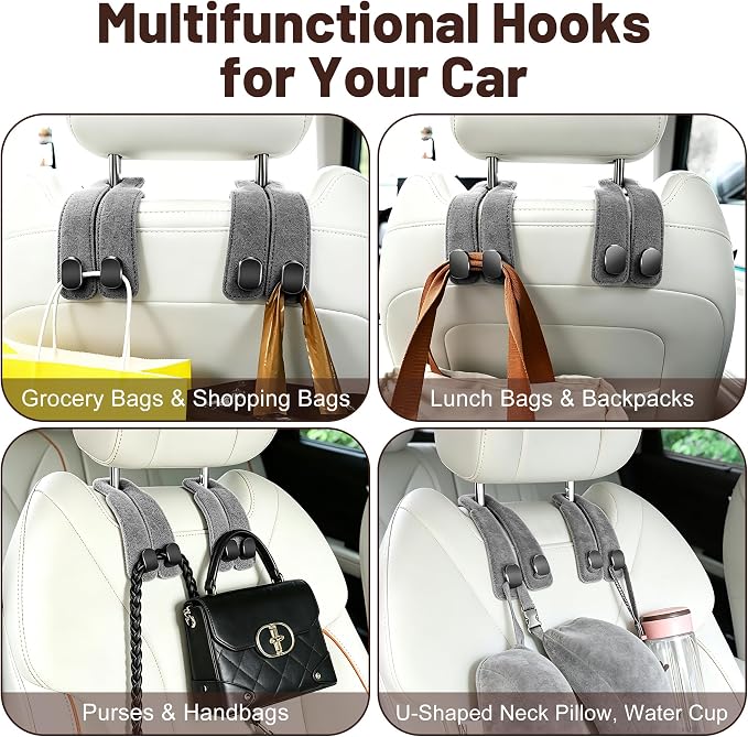 SUKIPIN Car Hooks, Car Seat Headrest Hooks for Purses and Bags 4-Pack Gray | Car Accessories for Women, Solid Durable Construction, Quick Tool-free Mounting, Universal Fit for Most Vehicle Headrests - Image 6