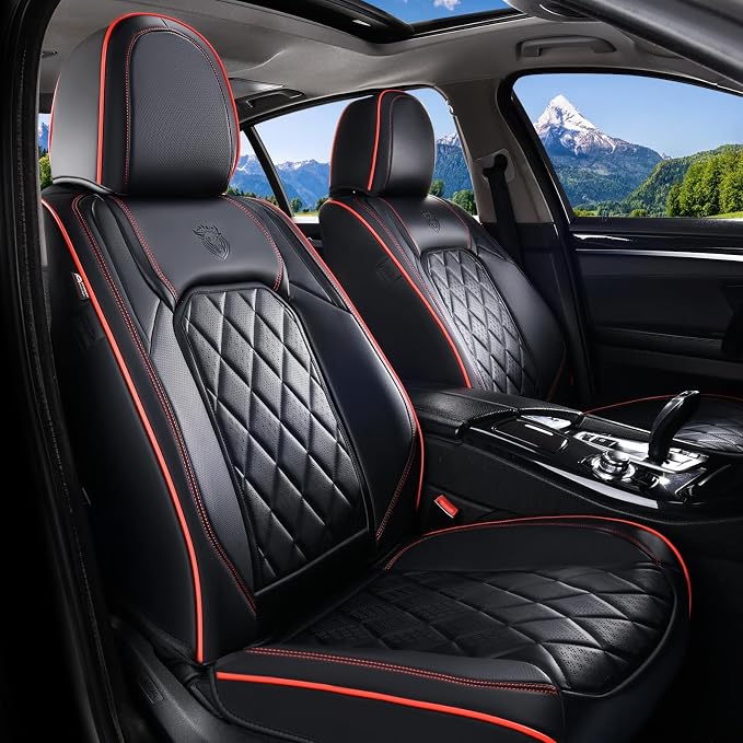 Coverado Seat Covers, Car Seat Cover Front Seats, 2-Pack Luxury Faux Leather Car Seat Covers, Waterproof Car Seat Protector, Black Seat Cover Front Seat Cover Universal Fit for Most Cars, Black&Red by COVERADOAUTO