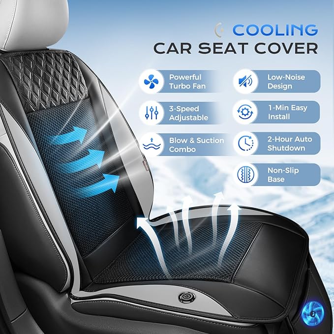 Coverado Cooling Seat Cushion for Car, Breathable Ventilated Seat Cover with 3 Adjustable Airflow Settings, Universal Gray Seat Pad for SUV, Truck, Van，Black&Gray - Image 3