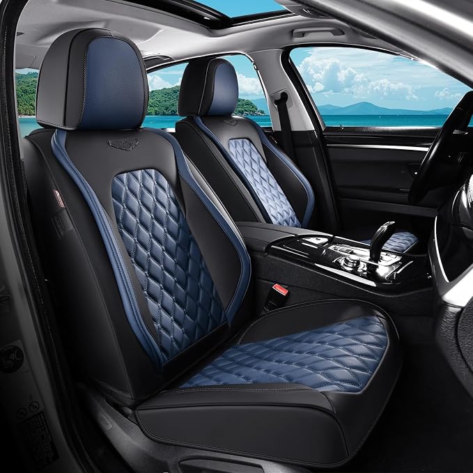 Coverado Car Seat Covers Front Seats, Sporty Non-Slip Waterproof Faux Leather Full Set with Rear Protectors for Trucks SUVs, Mens Automotive Interior – BlackBlue by COVERADOAUTO