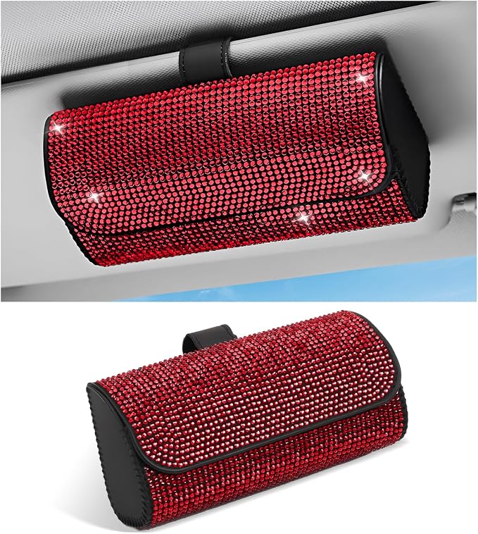 Sunglasses Holder for Car Sun Visor, Bling Leather Eyeglasses Visor Storage Case with Hidden Magnetic Closure, Sparkling Auto Visors Protective Organizer Storage Box (Red) by Unknown