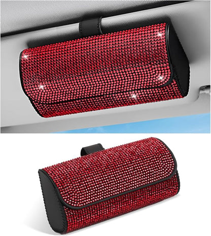 Sunglasses Holder for Car Sun Visor, Bling Leather Eyeglasses Visor Storage Case with Hidden Magnetic Closure, Sparkling Auto Visors Protective Organizer Storage Box (Red) by Unknown