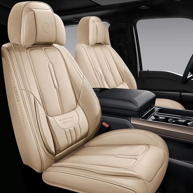 Full Coverage Leather Car Seat Covers for Cars,SUVs and Pick-up Trucks,Car Seat Protector,Automotive Seat Covers,Car Seat Cushion,Beige Seat Cover,Front Seat Cover for 2 Seats by NSYOLO