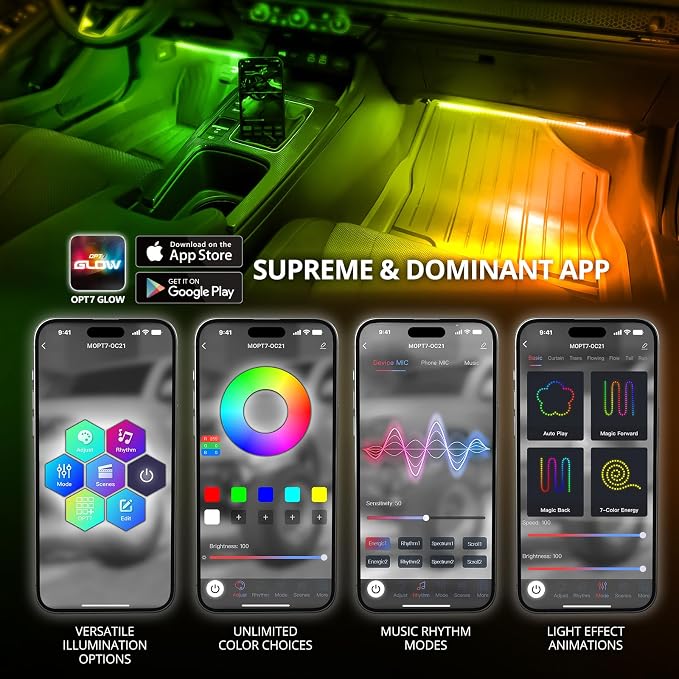 OPT7 Aura DreamColor RGBIC Interior Car Lights with App & Remote, 4PC Kit | Chasing Light Effects, Rainbow Ambient Glow, Multicolor LED Strips, SUV Under Dash Decor, Music Sync Lighting - Image 2