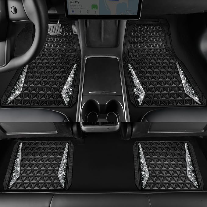 CAR PASS Bling Diamond Car Mats Rubber Floor Mats Full Set Anti-Slip 3D Rhombus Waterproof Trim to Fit Liner Universal Glitter Crystal Sparkly Shining Rhinestone Girl Women SUV Sedan Van, Black Silver - Image 5