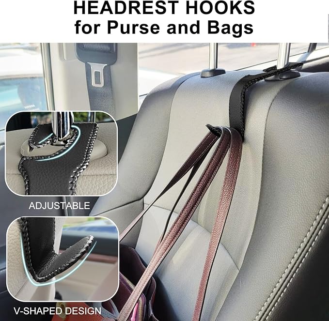 Car Headrest Hooks, 2 Pack Leather Car Purse Holder, Car Back Seat Organizer for Purse Coats Umbrellas Groceries - Image 2