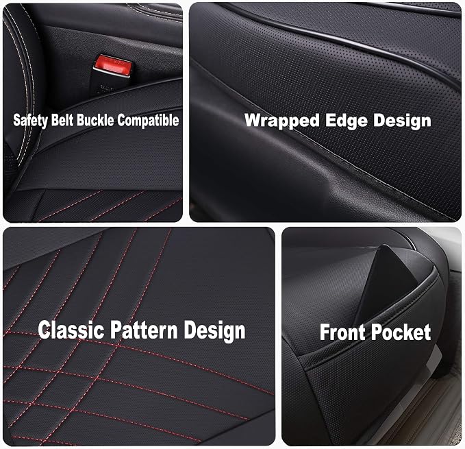 kingphenix Car Seat Cover, PU Leather Front Bottom Seat Protector | Front Bottom Seat Protector, Non-Slip Backing, Edge Coverage and Easy Installation for Sedan, SUV, Truck & Van, Black&Red - Image 2