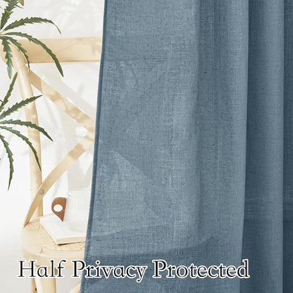 RYB HOME Linen Textured Semi Sheer Curtains 63 inches Long for Living Room | Half Privacy, Light Filtering, Faux Linen Blend, Office Nursery Dorm Bathroom, Stone Blue, W52 x L63, 1 Pair - Image 5