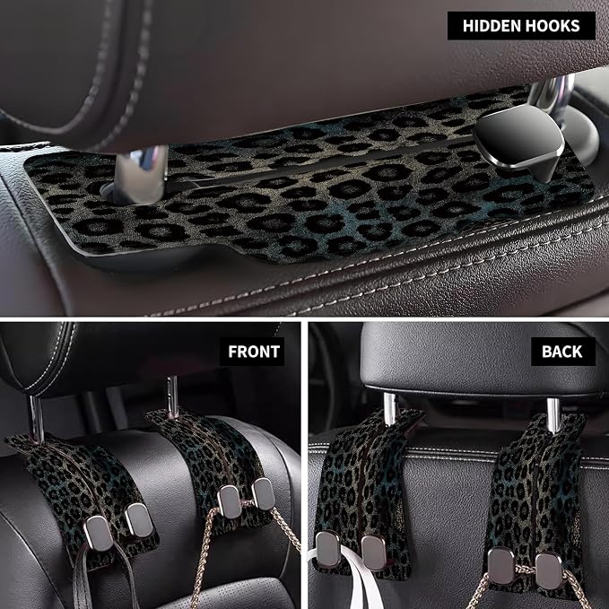 Car Seat Back Storage Headrest Hook, Premium Leather Double Metal Hook, Hanger Storage Organizer for Purse Cloth Bag, Car Interior Accessories Luxury Cool Leopard - Image 4